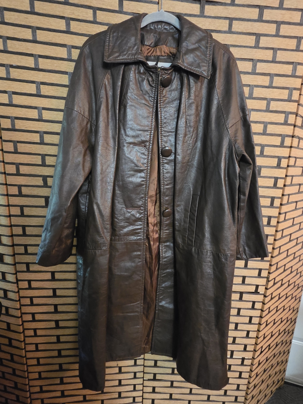 Vintage 70s Altman of Dallas Brown Leather Long Coat Trench Size 20 Mint
